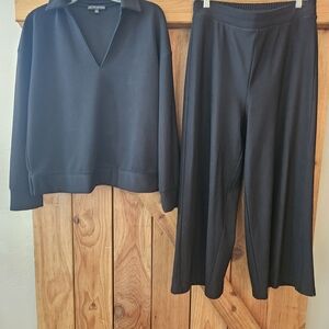 Women's Black Ribbed Pants and Top Set